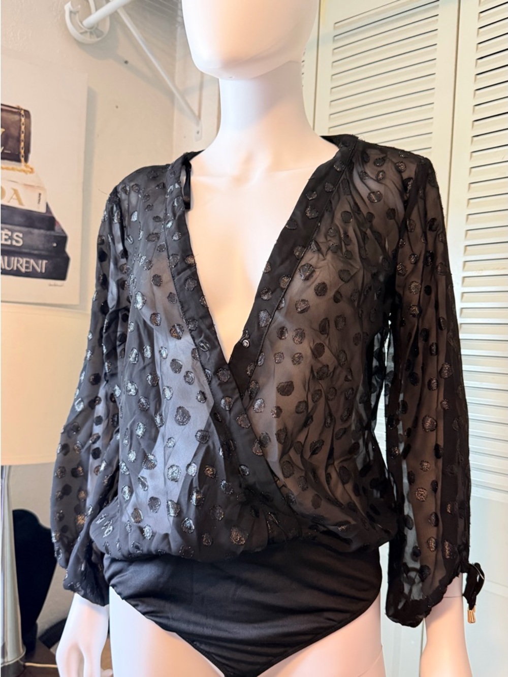 ELA Sheer Polka Dot Bodysuit – Black | Size L | NWT